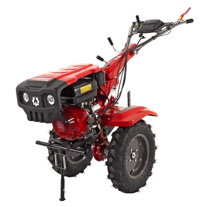 Motocultor Rotakt Gladiator RO15RE-2P motor 15CP benzina 2+1 viteze latime lucru 56-135 cm freze roti cauciuc 5.00-12" pornire electrica 2 prize de putere roti metal plug arat rarita reglabila plug cartofi cultivator plug reversibil remorca 5l ulei