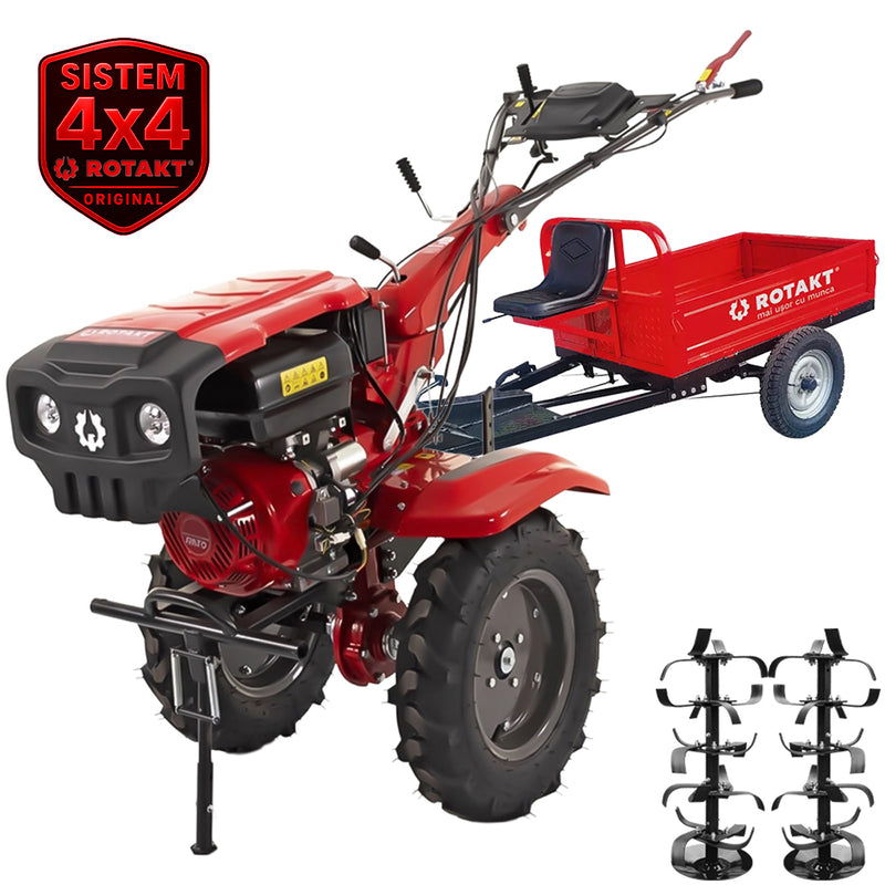 Motocultor 4x4 Rotakt Apollo RO13R-2P motor 13 CP benzina 2+1 viteze latime lucru 56-135 cm freze roti cauciuc 5.00-12" 2 prize putere remorca REM600 Transporter
