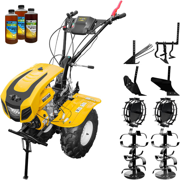 Motocultor AgroPro HS 1000B NEW-1 motor 8 CP benzina EURO V 2+1 viteze latime lucru 115 cm freze 2+1+1 roti ATV 19x7-8 capota cu far roti metal plug arat rarita reglabila plug cartofi cultivator 3l ulei