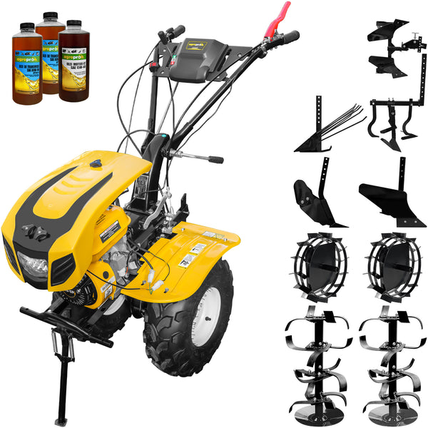 Motocultor AgroPro HS 1000B NEW-1 motor 8 CP benzina EURO V 2+1 viteze latime lucru 115 cm freze 2+1+1 roti ATV 19x7-8 capota cu far roti metal plug arat rarita reglabila plug cartofi cultivator plug reversibil 3l ulei