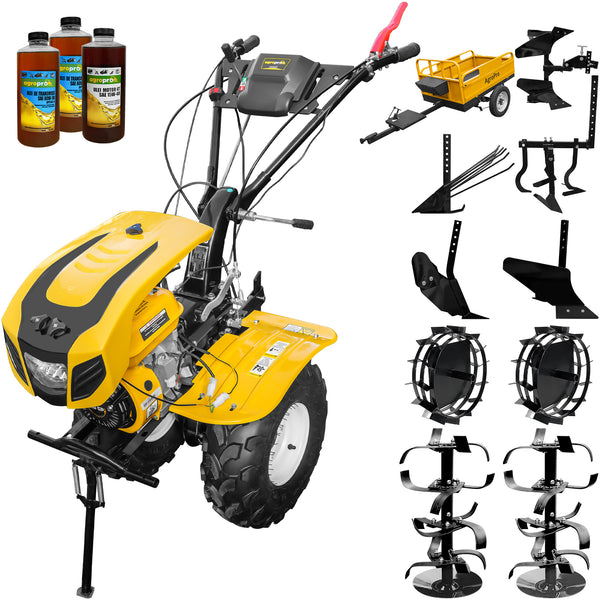 Motocultor AgroPro HS 1000B NEW-1 motor 8 CP benzina EURO V 2+1 viteze latime lucru 115 cm freze 2+1+1 roti ATV 19x7-8 capota cu far roti metal plug arat rarita reglabila plug cartofi cultivator plug reversibil remorca 3l ulei