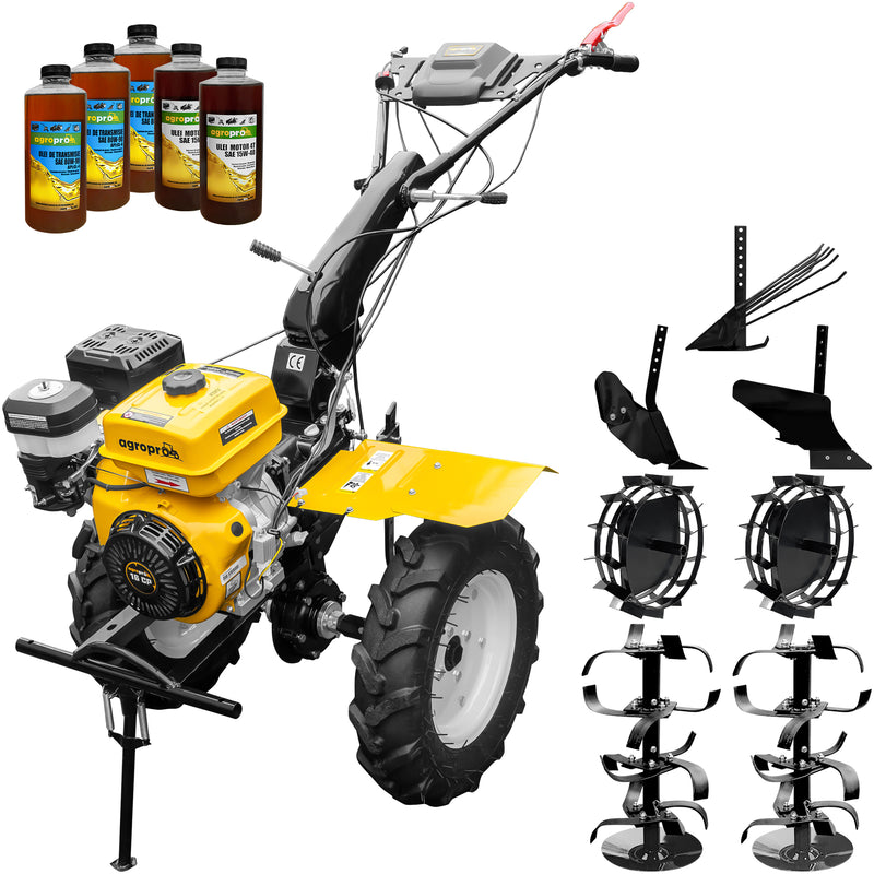 Motocultor AgroPro HS 1100D motor 16 CP benzina EURO V 2+1 viteze latime lucru 135 cm freze 2+1+1 roti 5.00-12 roti metal plug arat rarita reglabila plug cartofi 5l ulei