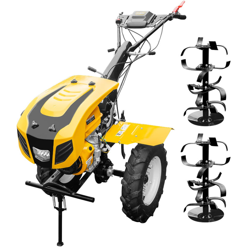 Motocultor AgroPro HS 1100D motor 16 CP benzina EURO V 2+1 viteze latime lucru 135 cm freze 2+1+1 roti 5.00-12 capota cu far roti metal plug arat rarita reglabila plug cartofi cultivator 5l ulei