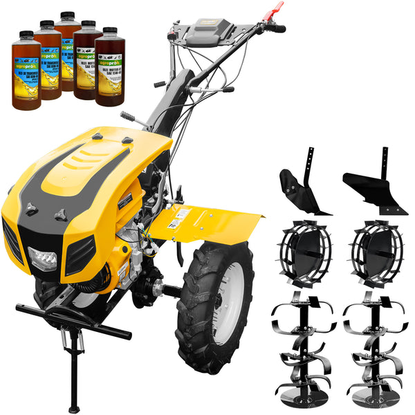 Motocultor AgroPro HS 1100D motor 16 CP benzina EURO V 2+1 viteze latime lucru 135 cm freze 2+1+1 roti 5.00-12 capota cu far roti metal plug arat rarita reglabila 5l ulei