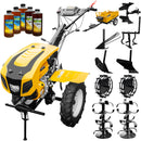 Motocultor AgroPro HS 1100D motor 16 CP benzina EURO V 2+1 viteze latime lucru 135 cm freze 2+1+1 roti 5.00-12 capota cu far roti metal plug arat rarita reglabila plug cartofi cultivator plug reversibil remorca 5l ulei