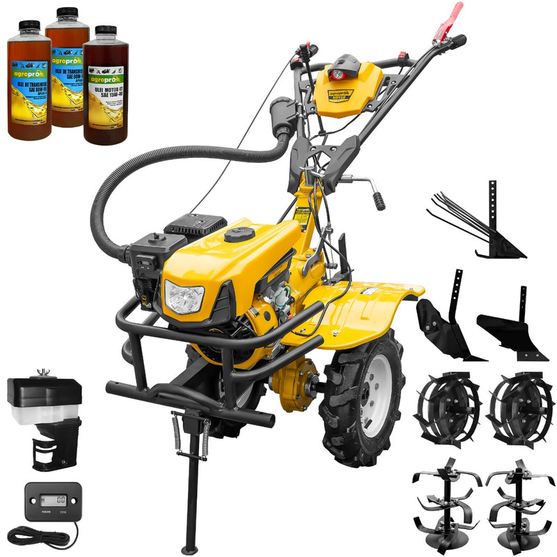 Motocultor AgroPro HS 950 motor 7 CP 2+1 viteze latime lucru 65-95 cm freze roti cauciuc 4.00x8 tahometru filtru aer umed/uscat roti metal plug arat rarita reglabila plug cartofi 3l ulei