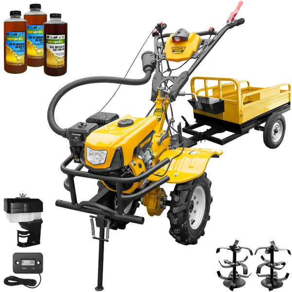 Motocultor AgroPro HS 950 motor 7 CP 2+1 viteze latime lucru 65-95 cm freze roti cauciuc 4.00x8 tahometru filtru aer umed/uscat remorca 3l ulei