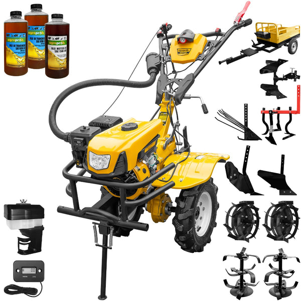 Motocultor AgroPro HS 950 motor 7 CP 2+1 viteze latime lucru 65-95 cm freze roti cauciuc 4.00x8 tahometru filtru aer umed/uscat roti metal plug arat rarita reglabila plug cartofi cultivator plug reversibil remorca 3l ulei