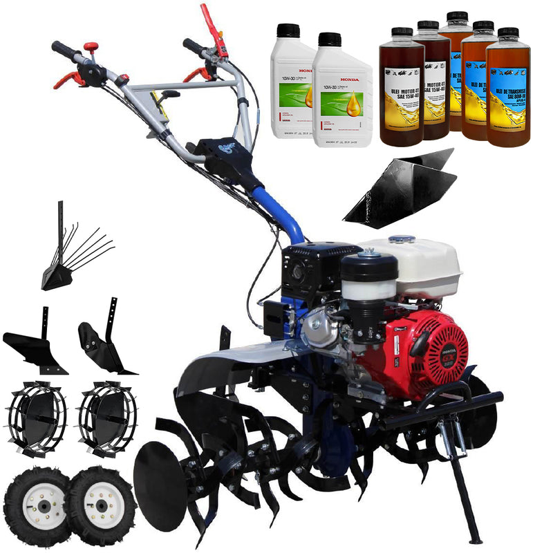 Motocultor AGT 13000 PREMIUM motor Honda GX340 11 CP latime lucru 120 cm 2+1 viteze freze rarita fixa roti cauciuc 5.00-12 roti metal plug arat rarita reglabila plug cartofi 6.2l ulei