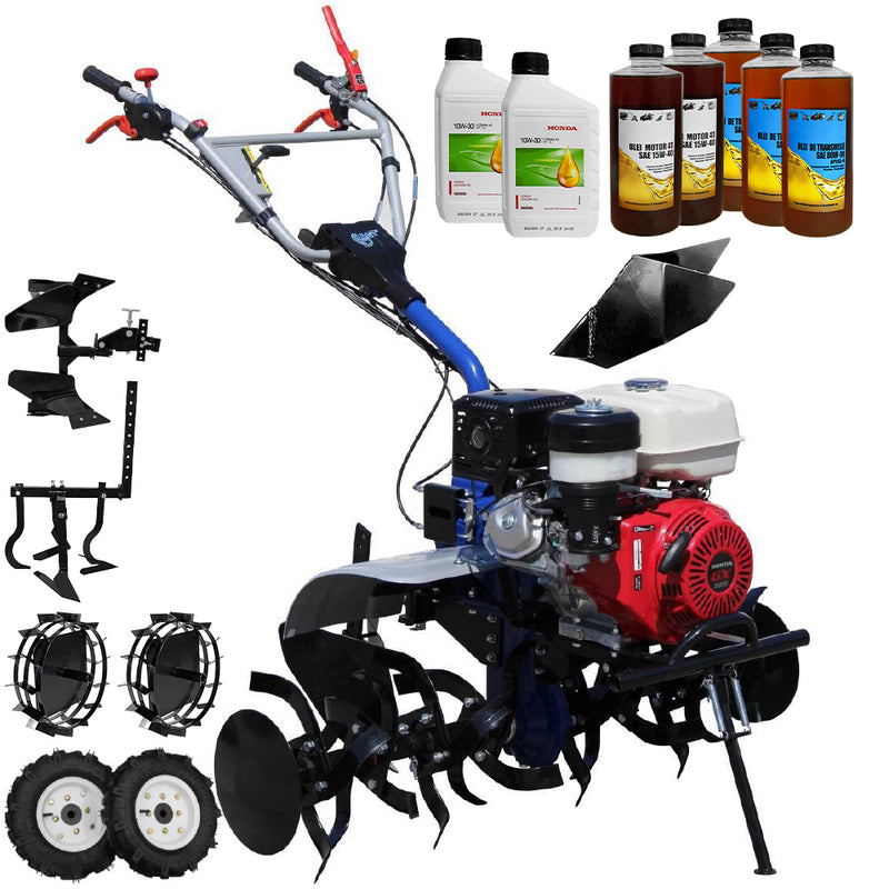 Motocultor AGT 13000 PREMIUM motor Honda GX340 11 CP latime lucru 120 cm 2+1 viteze freze rarita fixa roti cauciuc 5.00-12 roti metal cultivator plug reversibil 6.2l ulei