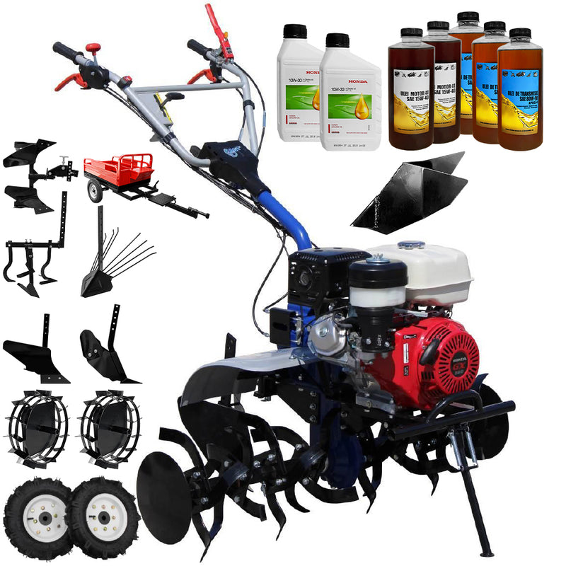 Motocultor AGT 13000 PREMIUM motor Honda GX340 11 CP latime lucru 120 cm 2+1 viteze freze rarita fixa roti cauciuc 5.00-12 roti metal plug arat rarita reglabila plug cartofi cultivator plug reversibil remorca 6.2l ulei