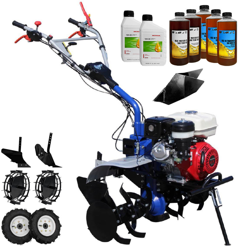 Motocultor AGT 9000 PREMIUM motor Honda GX340 11 CP latime lucru 90 cm 2+1 viteze freze rarita fixa roti cauciuc 5.00-12 roti metal plug arat rarita reglabila 6.2l ulei