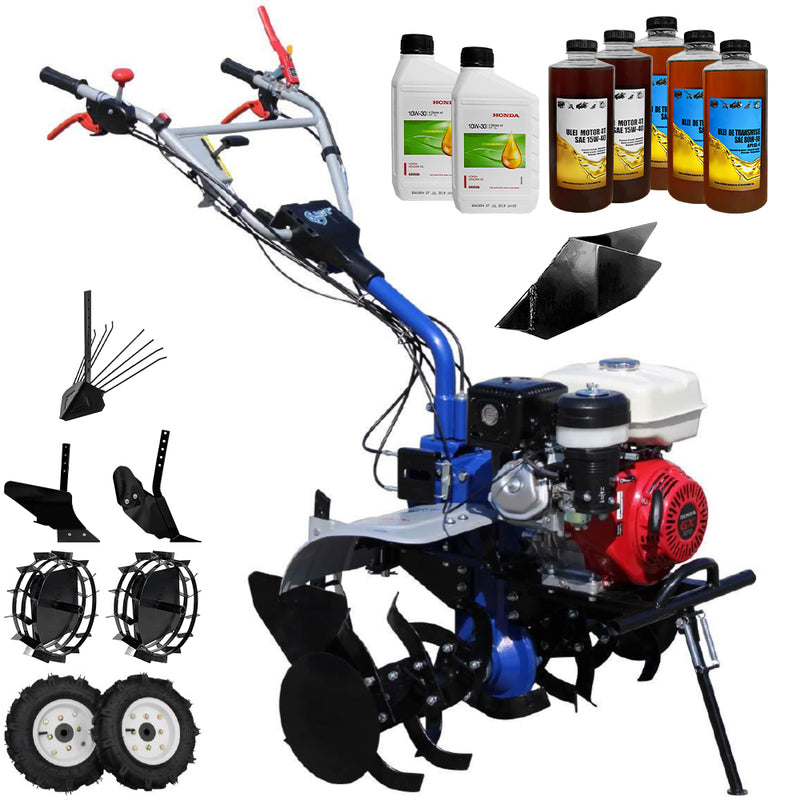 Motocultor AGT 9000 PREMIUM motor Honda GX340 11 CP latime lucru 90 cm 2+1 viteze freze rarita fixa roti cauciuc 5.00-12 roti metal plug arat rarita reglabila plug cartofi 6.2l ulei