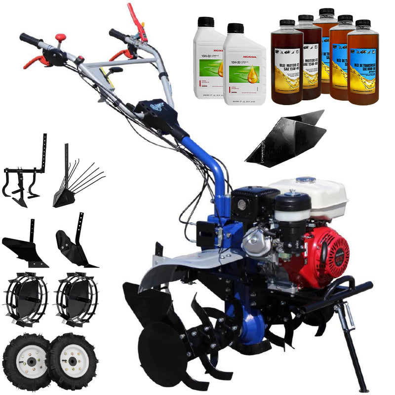Motocultor AGT 9000 PREMIUM motor Honda GX340 11 CP latime lucru 90 cm 2+1 viteze freze rarita fixa roti cauciuc 5.00-12 roti metal plug arat rarita reglabila plug cartofi cultivator 6.2l ulei