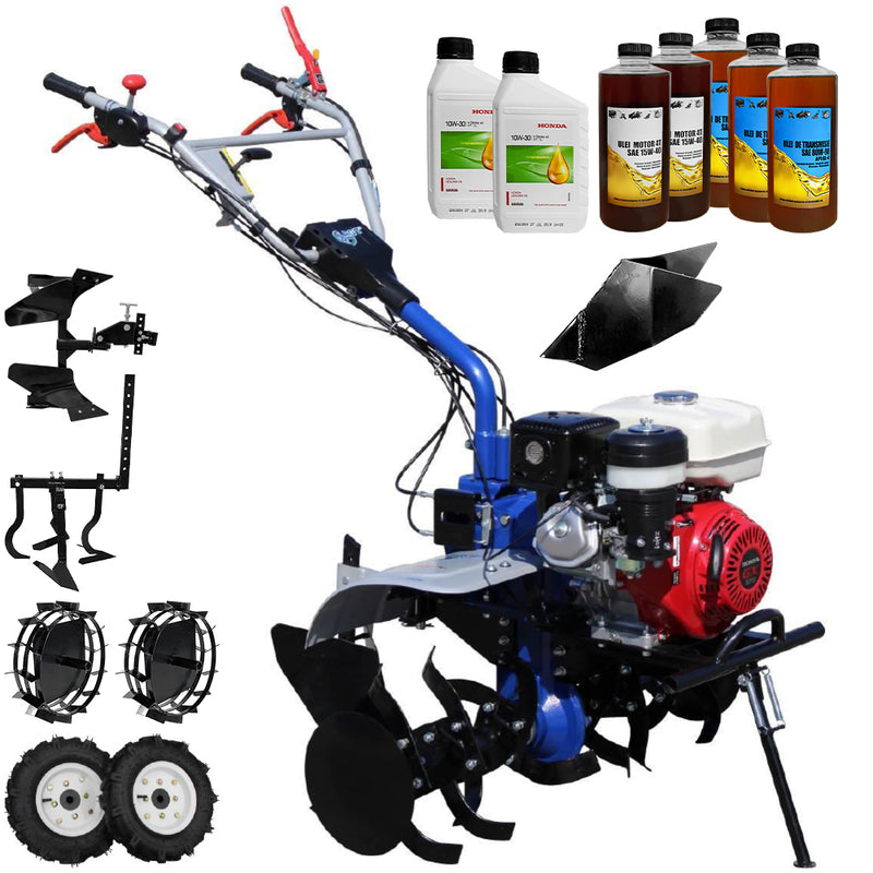 Motocultor AGT 9000 PREMIUM motor Honda GX340 11 CP latime lucru 90 cm 2+1 viteze freze rarita fixa roti cauciuc 5.00-12 roti metal cultivator plug reversibil 6.2l ulei