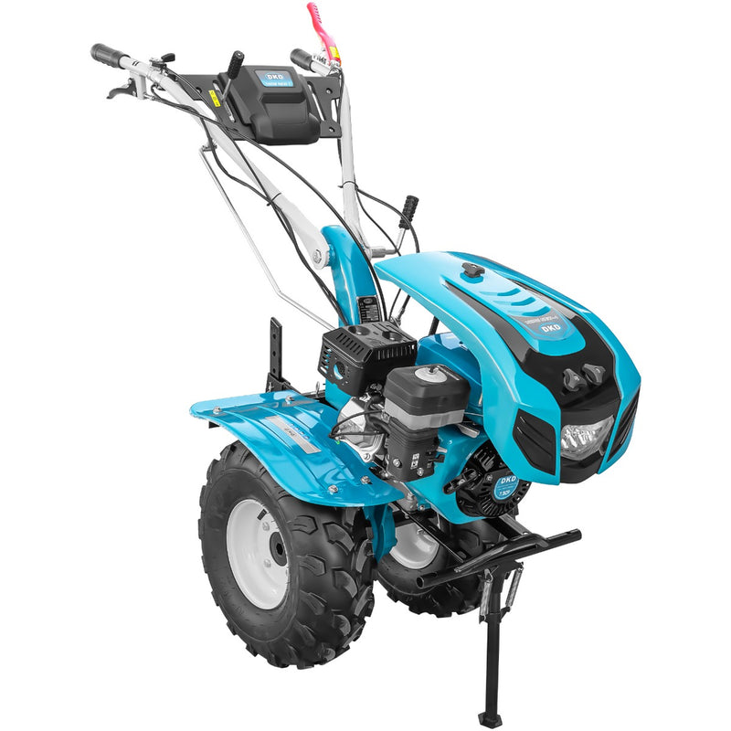 Motocultor DKD 1000B NEW 1 motor 7.5 CP benzina 2+1 viteze freze 60-120 cm roti ATV 19/7-8 capota far LED roti metal plug arat rarita reglabila plug cartofi 3l ulei