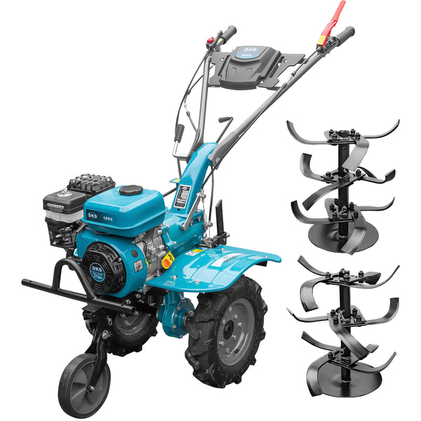 Motocultor DKD 100B motor 7 CP benzina 2+1 viteze latime lucru 50-87 cm freze roti cauciuc 4.00x8"
