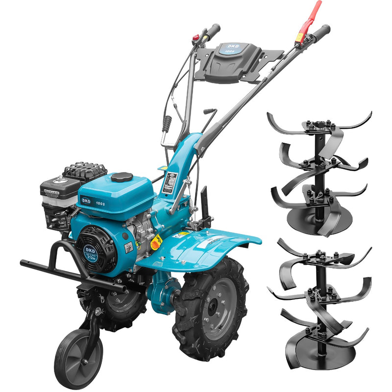 Motocultor DKD 100B motor 7 CP benzina 2+1 viteze latime lucru 50-87 cm freze roti cauciuc 4.00x8" 3l ulei