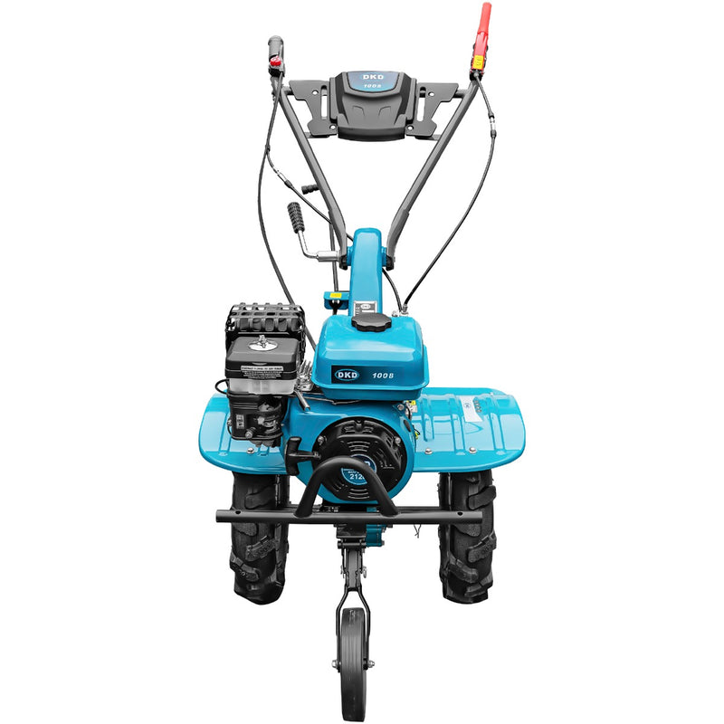 Motocultor DKD 100B motor 7 CP benzina 2+1 viteze latime lucru 50-87 cm freze roti cauciuc 4.00x8" remorca 3l ulei