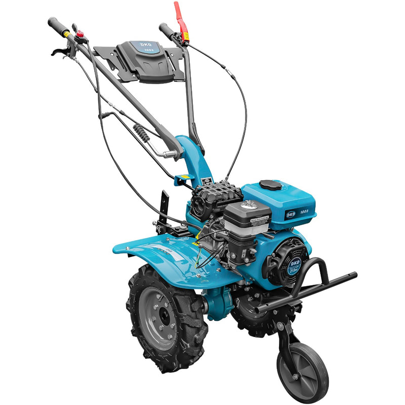 Motocultor DKD 100B motor 7 CP benzina 2+1 viteze latime lucru 50-87 cm freze roti cauciuc 4.00x8" roti metal plug arat rarita reglabila plug cartofi cultivator plug reversibil 3l ulei