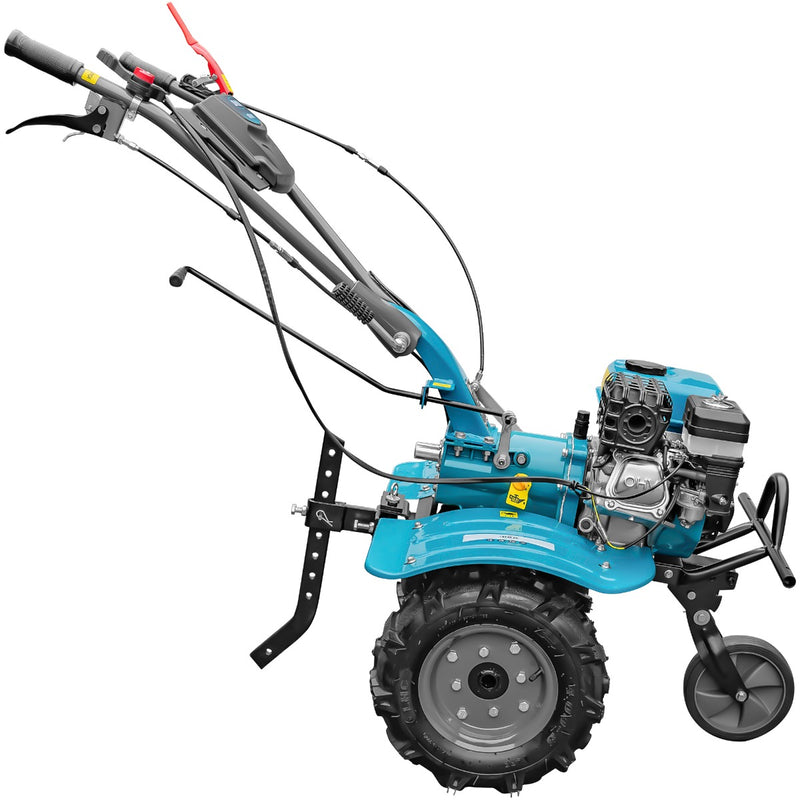 Motocultor DKD 100B motor 7 CP benzina 2+1 viteze latime lucru 50-87 cm freze roti cauciuc 4.00x8" roti metal cultivator plug reversibil 3l ulei