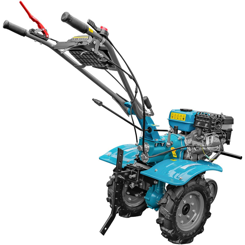 Motocultor DKD 100B motor 7 CP benzina 2+1 viteze latime lucru 50-87 cm freze roti cauciuc 4.00x8" roti metal plug arat rarita reglabila plug cartofi cultivator 3l ulei