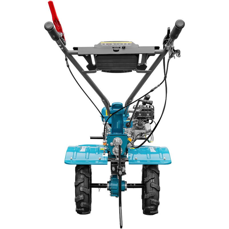 Motocultor DKD 100B motor 7 CP benzina 2+1 viteze latime lucru 50-87 cm freze roti cauciuc 4.00x8" roti metal plug arat rarita reglabila plug cartofi cultivator plug reversibil remorca 3l ulei