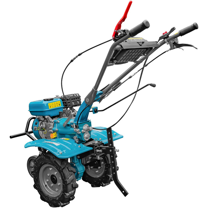 Motocultor DKD 100B motor 7 CP benzina 2+1 viteze latime lucru 50-87 cm freze roti cauciuc 4.00x8" roti metal cultivator plug reversibil 3l ulei