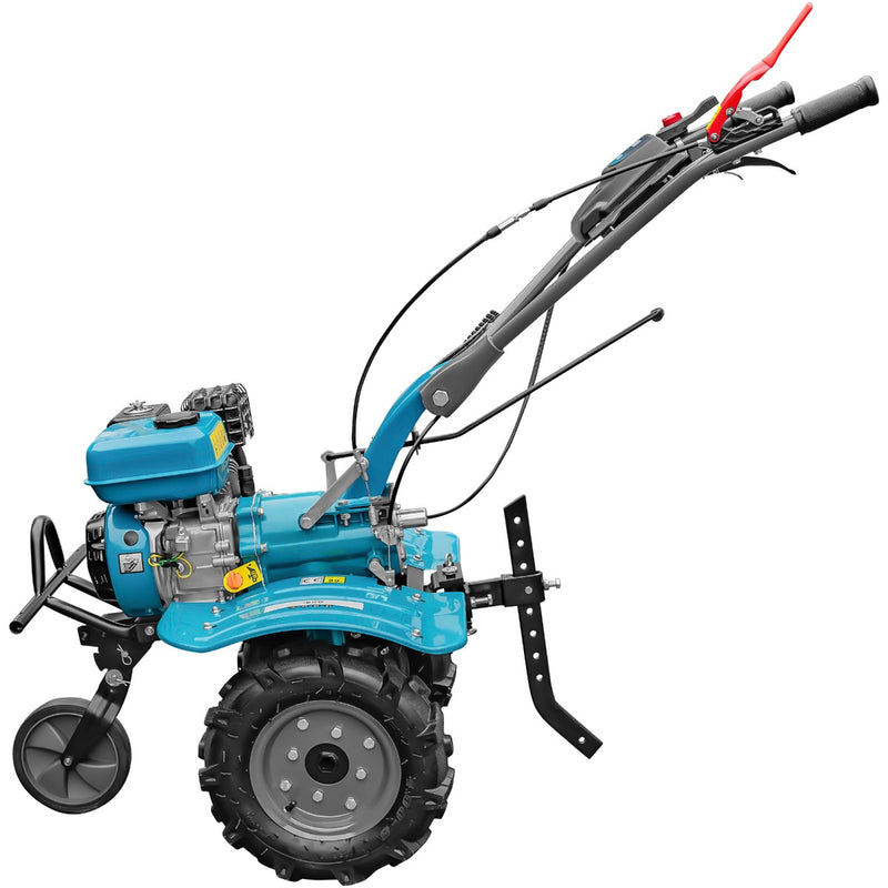 Motocultor DKD 100B motor 7 CP benzina 2+1 viteze latime lucru 50-87 cm freze roti cauciuc 4.00x8" roti metal plug arat rarita reglabila plug cartofi cultivator 3l ulei