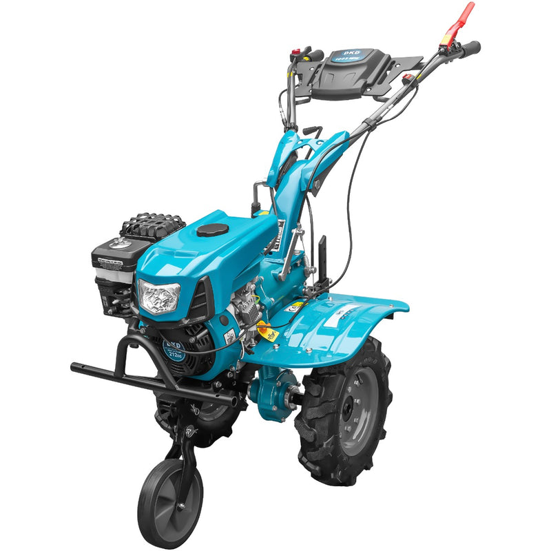 Motocultor DKD 100B NEW motor 7 CP benzina 2+1 viteze latime lucru 50-89 cm freze roti cauciuc 4.00x8" capota cu far LED roti metal cultivator plug reversibil 3l ulei