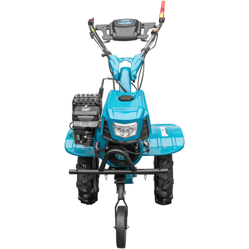 Motocultor DKD 100B NEW motor 7 CP benzina 2+1 viteze latime lucru 50-89 cm freze roti cauciuc 4.00x8" capota cu far LED remorca 3l ulei