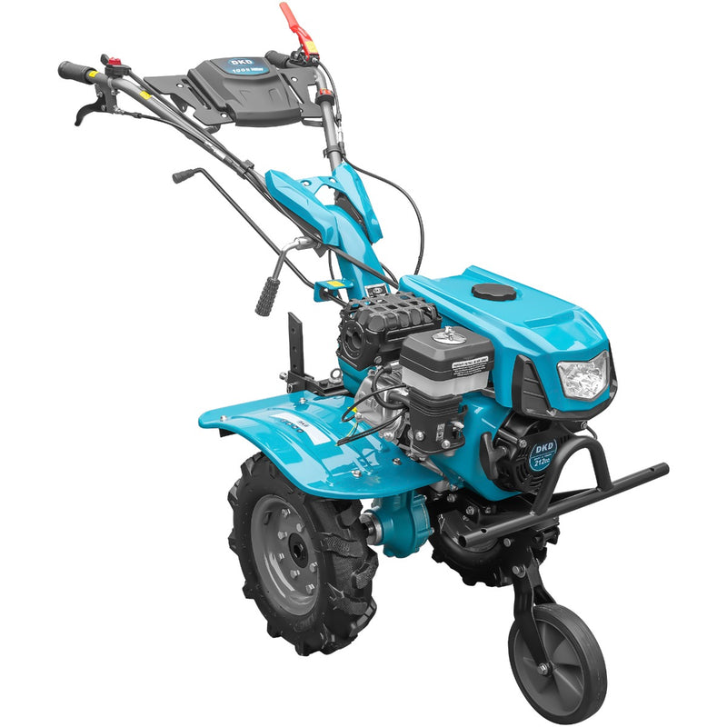 Motocultor DKD 100B NEW motor 7 CP benzina 2+1 viteze latime lucru 50-89 cm freze roti cauciuc 4.00x8" capota cu far LED roti metal cultivator plug reversibil 3l ulei
