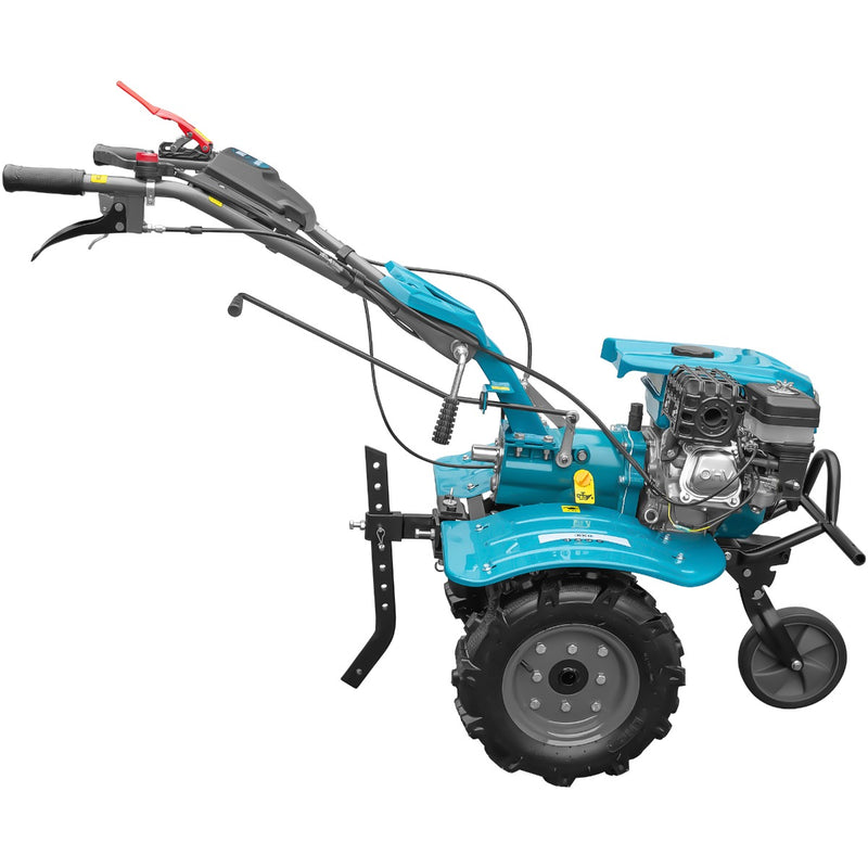 Motocultor DKD 100B NEW motor 7 CP benzina 2+1 viteze latime lucru 50-89 cm freze roti cauciuc 4.00x8" capota cu far LED roti metal plug arat rarita reglabila plug cartofi cultivator plug reversibil remorca 3l ulei