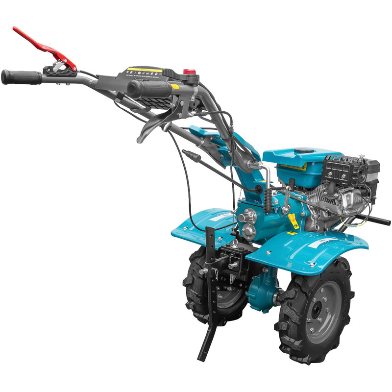 Motocultor DKD 100B NEW motor 7 CP benzina 2+1 viteze latime lucru 50-89 cm freze roti cauciuc 4.00x8" capota cu far LED roti metal plug arat rarita reglabila plug cartofi cultivator plug reversibil remorca 3l ulei