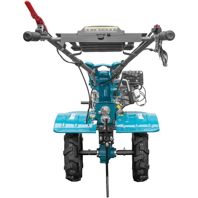 Motocultor DKD 100B NEW motor 7 CP benzina 2+1 viteze latime lucru 50-89 cm freze roti cauciuc 4.00x8" capota cu far LED roti metal cultivator plug reversibil 3l ulei