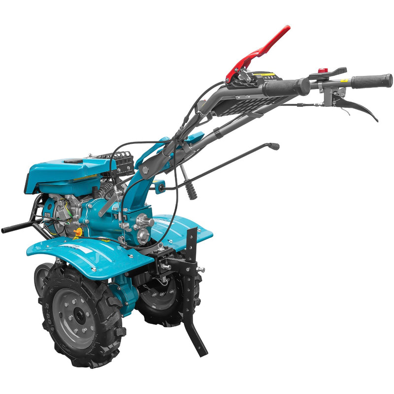 Motocultor DKD 100B NEW motor 7 CP benzina 2+1 viteze latime lucru 50-89 cm freze roti cauciuc 4.00x8" capota cu far LED roti metal cultivator plug reversibil 3l ulei