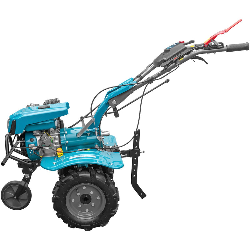 Motocultor DKD 100B NEW motor 7 CP benzina 2+1 viteze latime lucru 50-89 cm freze roti cauciuc 4.00x8" capota cu far LED roti metal cultivator plug reversibil 3l ulei