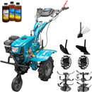 Motocultor DKD 100B NEW motor 7 CP benzina 2+1 viteze latime lucru 50-89 cm freze roti cauciuc 4.00x8" capota cu far LED roti metal plug arat rarita reglabila plug cartofi 3l ulei