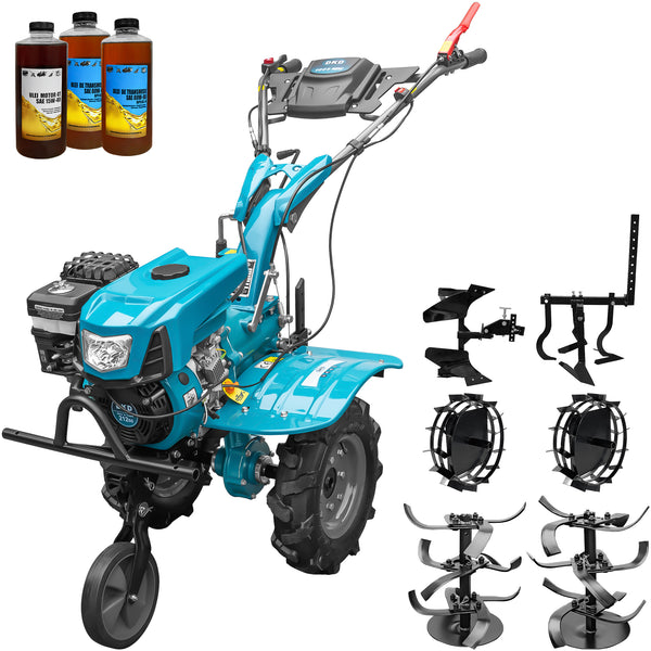 Motocultor DKD 100B NEW motor 7 CP benzina 2+1 viteze latime lucru 50-89 cm freze roti cauciuc 4.00x8" capota cu far LED roti metal cultivator plug reversibil 3l ulei