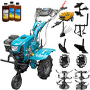 Motocultor DKD 100B NEW motor 7 CP benzina 2+1 viteze latime lucru 50-89 cm freze roti cauciuc 4.00x8" capota cu far LED roti metal plug arat rarita reglabila plug cartofi cultivator plug reversibil remorca 3l ulei