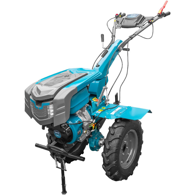 Motocultor DKD 1010D NEW motor 16 CP benzina 2+1 viteze latime lucru 80-110 cm freze roti cauciuc 5.00x12" capota cu far LED roti metal cultivator plug reversibil 5l ulei
