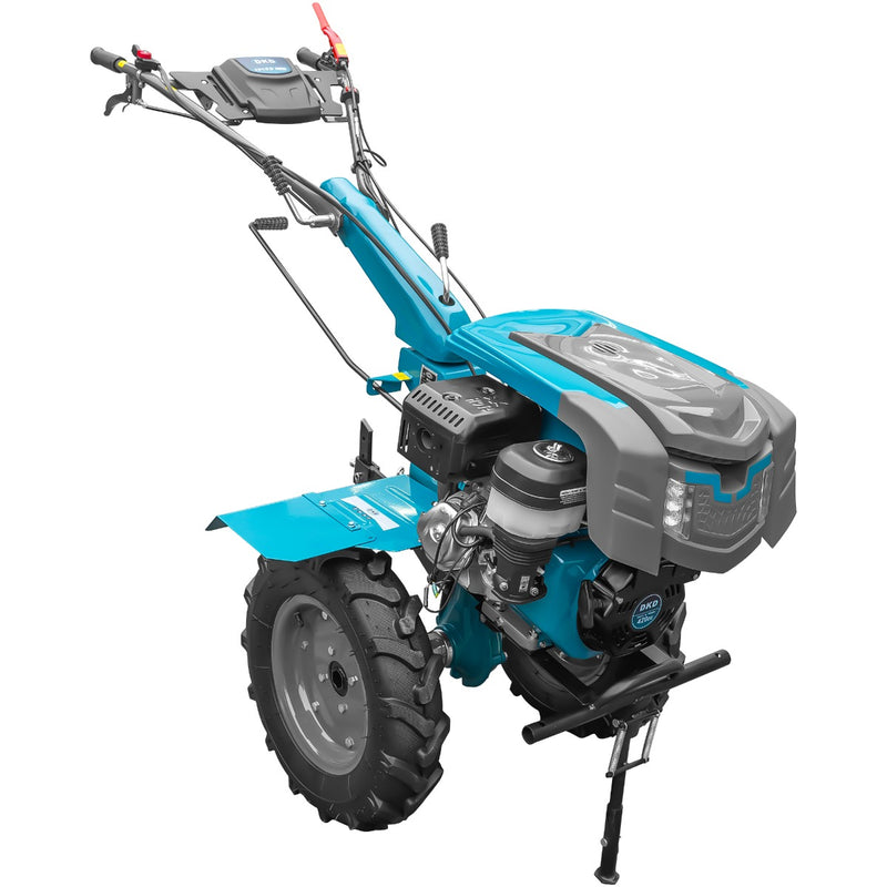 Motocultor DKD 1010D NEW motor 16 CP benzina 2+1 viteze latime lucru 80-110 cm freze roti cauciuc 5.00x12" capota cu far LED roti metal plug arat rarita reglabila plug cartofi cultivator 5l ulei
