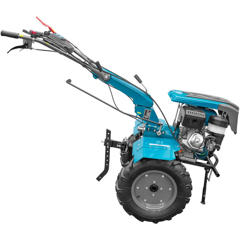 Motocultor DKD 1010D NEW motor 16 CP benzina 2+1 viteze latime lucru 80-110 cm freze roti cauciuc 5.00x12" capota cu far LED roti metal cultivator plug reversibil 5l ulei