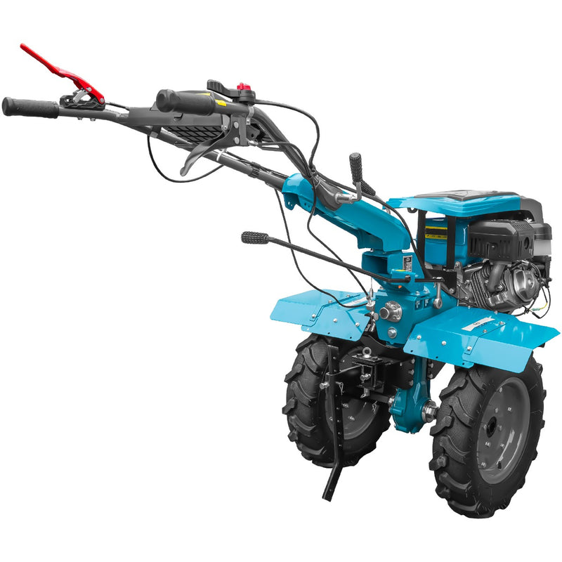 Motocultor DKD 1010D NEW motor 16 CP benzina 2+1 viteze latime lucru 80-110 cm freze roti cauciuc 5.00x12" capota cu far LED roti metal plug arat rarita reglabila plug cartofi cultivator 5l ulei