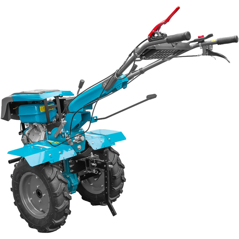 Motocultor DKD 1010D NEW motor 16 CP benzina 2+1 viteze latime lucru 80-110 cm freze roti cauciuc 5.00x12" capota cu far LED roti metal plug arat rarita reglabila plug cartofi cultivator 5l ulei