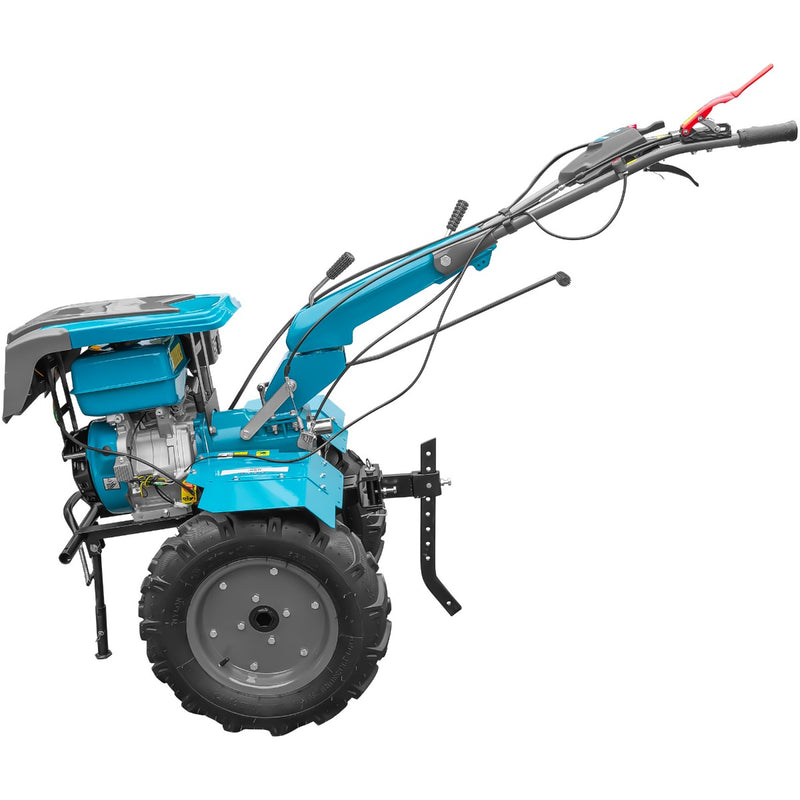 Motocultor DKD 1010D NEW motor 16 CP benzina 2+1 viteze latime lucru 80-110 cm freze roti cauciuc 5.00x12" capota cu far LED roti metal cultivator plug reversibil 5l ulei
