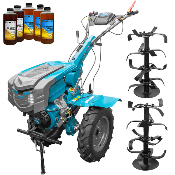 Motocultor DKD 1010D NEW motor 16 CP benzina 2+1 viteze latime lucru 80-110 cm freze roti cauciuc 5.00x12" capota cu far LED 5l ulei