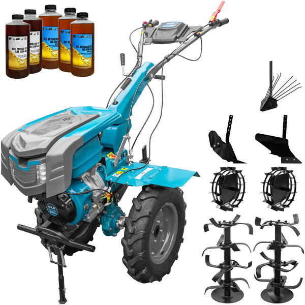 Motocultor DKD 1010D NEW motor 16 CP benzina 2+1 viteze latime lucru 80-110 cm freze roti cauciuc 5.00x12" capota cu far LED roti metal plug arat rarita reglabila plug cartofi 5l ulei