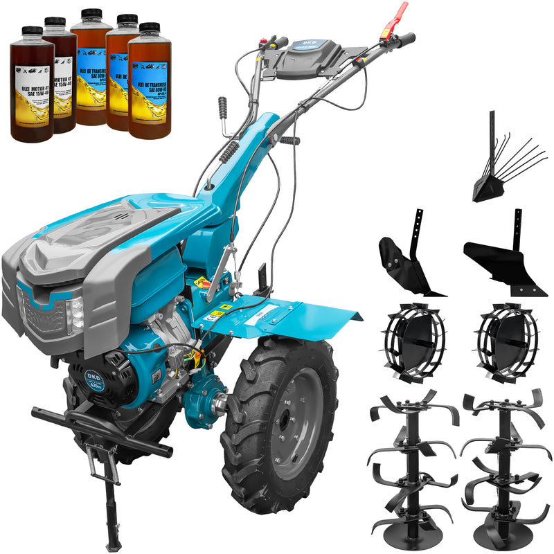 Motocultor DKD 1010D NEW motor 16 CP benzina 2+1 viteze latime lucru 80-110 cm freze roti cauciuc 5.00x12" capota cu far LED roti metal plug arat rarita reglabila plug cartofi 5l ulei