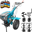 Motocultor DKD 1010D NEW motor 16 CP benzina 2+1 viteze latime lucru 80-110 cm freze roti cauciuc 5.00x12" capota cu far LED roti metal cultivator plug reversibil 5l ulei